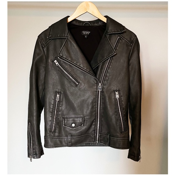 NEW Topshop Black/Dark Grey Asymmetrical Faux Leather Moto Jacket (Size 2) - Picture 1 of 4